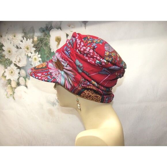 Women's Retro Style Flower Print Newsboy Hat Ruche Sun Lightweight Red NEW - Picture 1 of 3